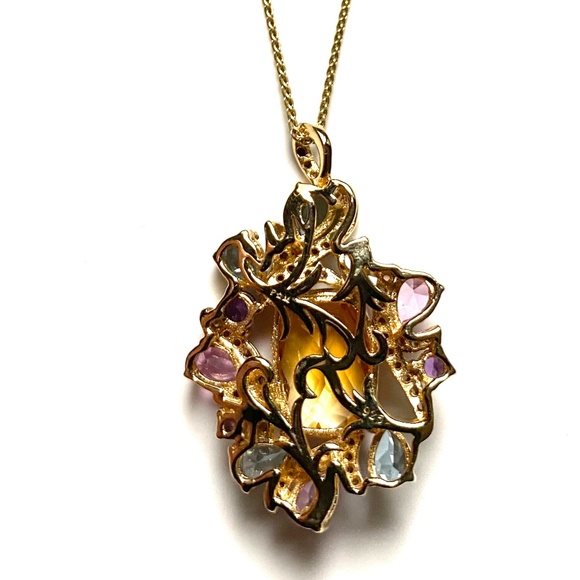 14K Gold Over Sterling Silver Necklace With Genuine Citrine, Amethyst & Quartz - Picture 3 of 9